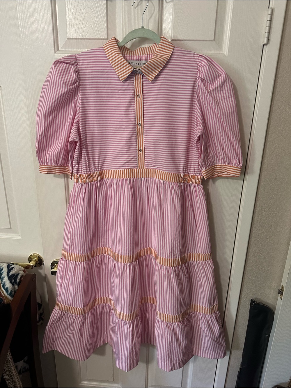 Gretchen Scott pink and white striped tiered midi dress with orange large